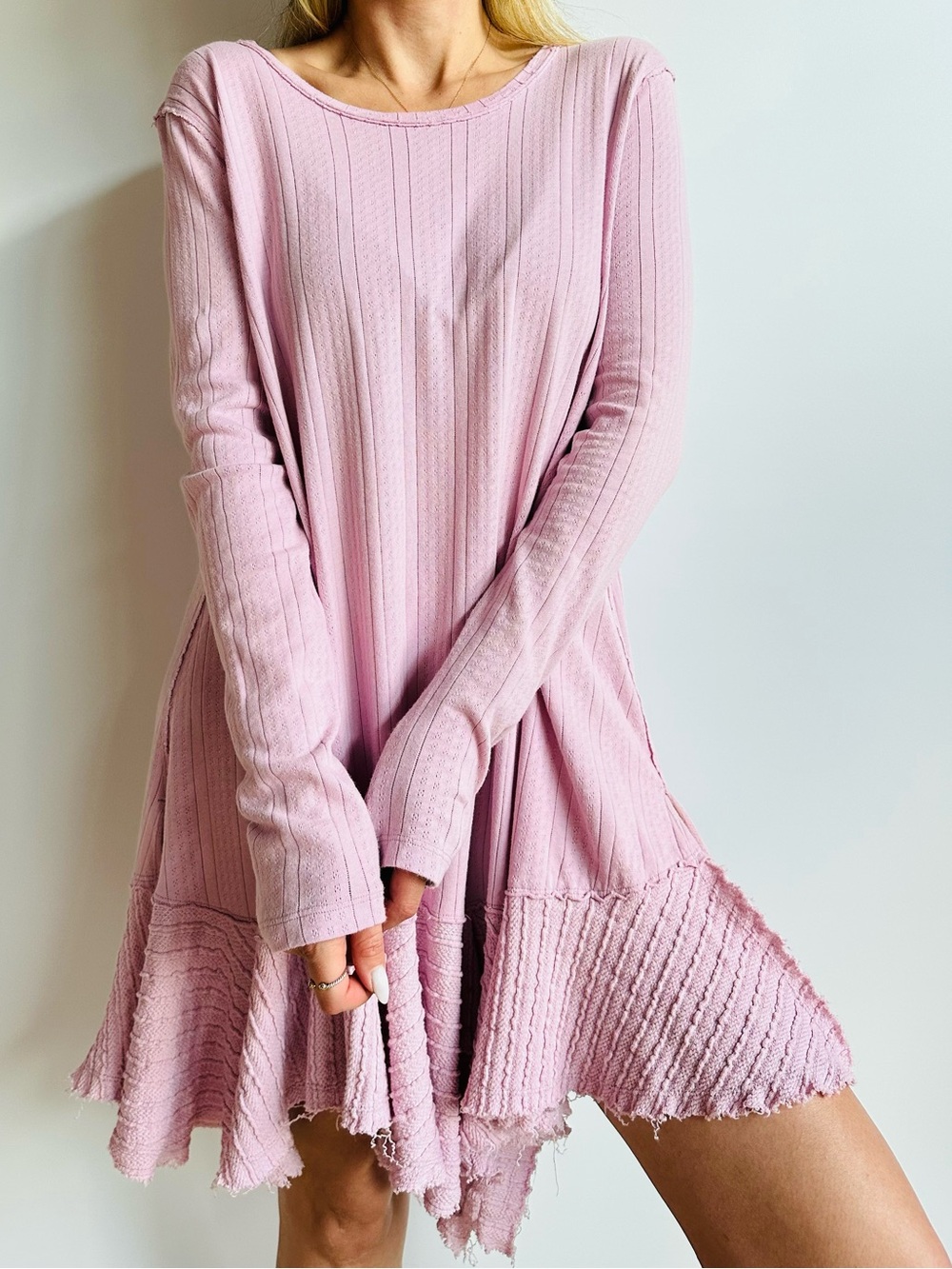 Free People We The Free Ribbed Knit Cotton Raw Hem Swing Tunic Mini Dress Boho